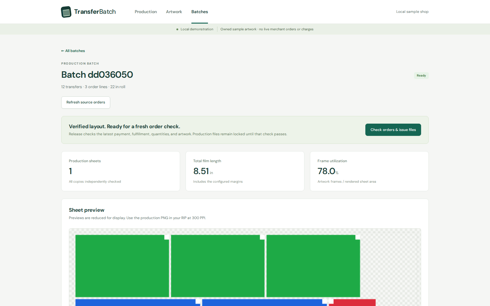 TransferBatch batch review with verified production sheet layout and sample artwork