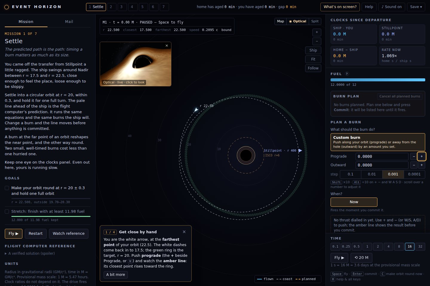 Event Horizon with an orbital map, black-hole optical view, mission brief, burn planner and clocks.
