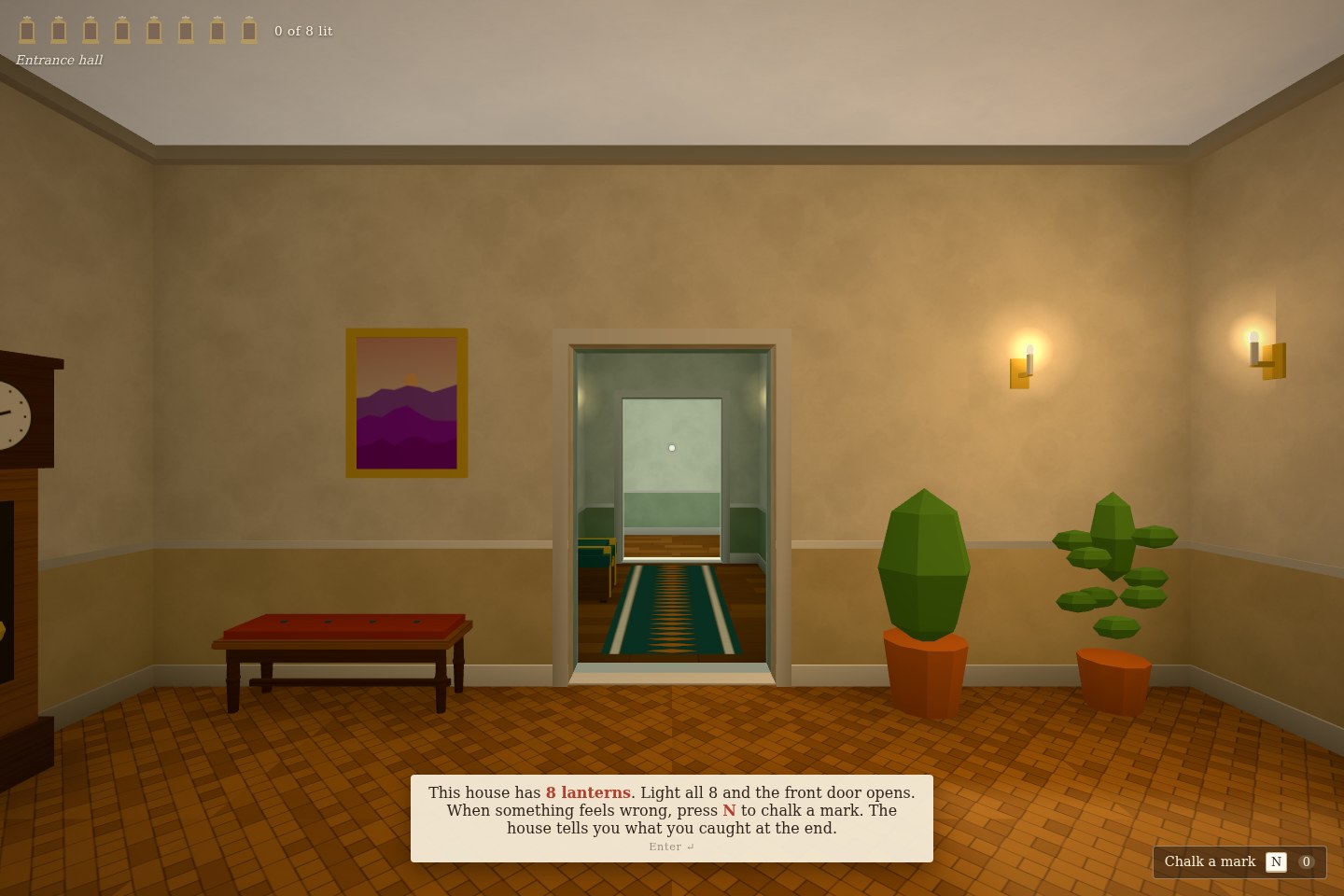 A first-person view inside Impossible Rooms, with richly lit architecture and connected doorways.