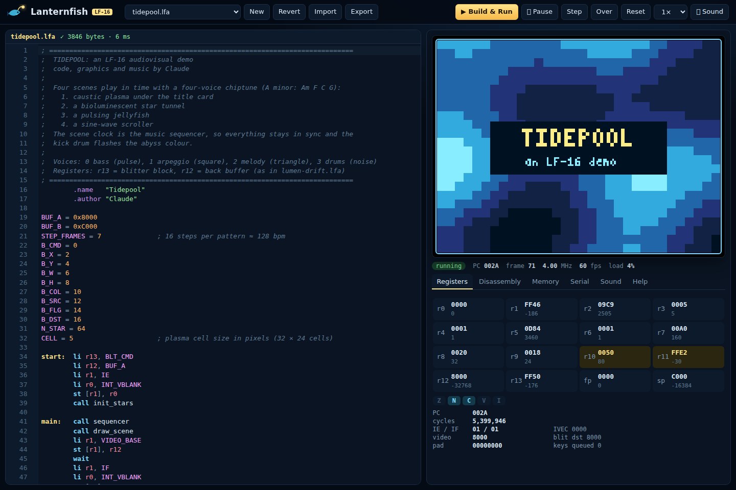 Lanternfish IDE showing source code, a running cartridge, registers and machine state.