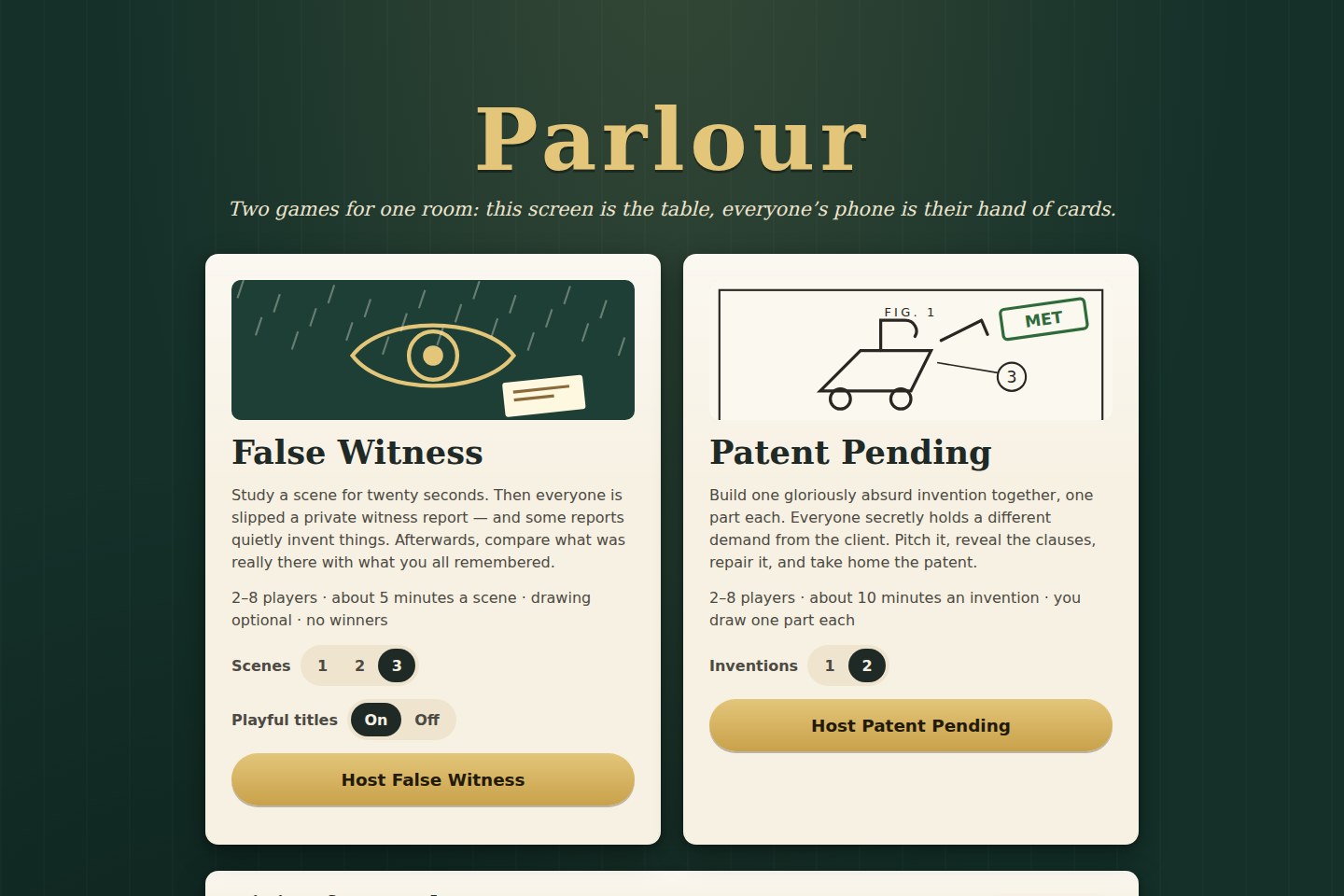 Parlour’s hosted landing page introducing its host-screen and private-player party games.