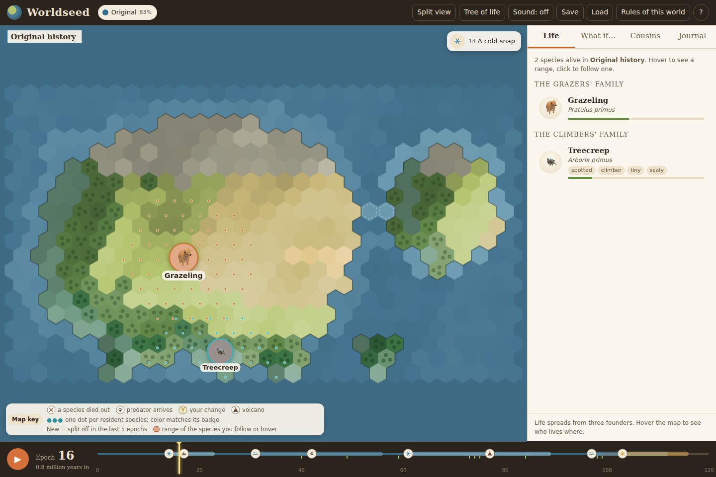 Worldseed’s hexagonal atlas, species cards and timeline after advancing the simulation.